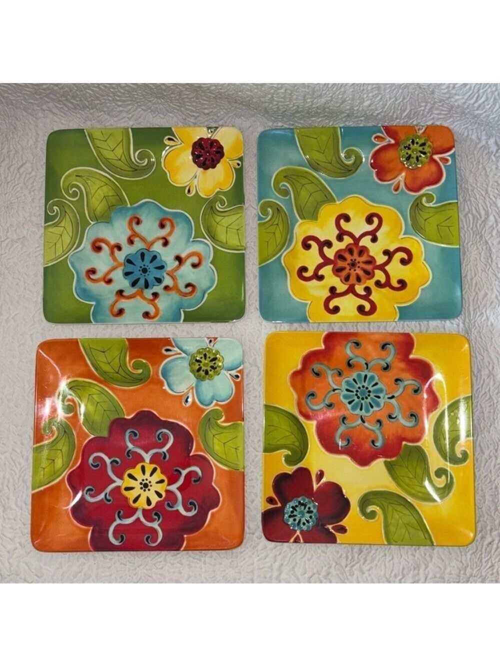 LAURIE GATES Garden Party Melamine Square Set of 4 Plates